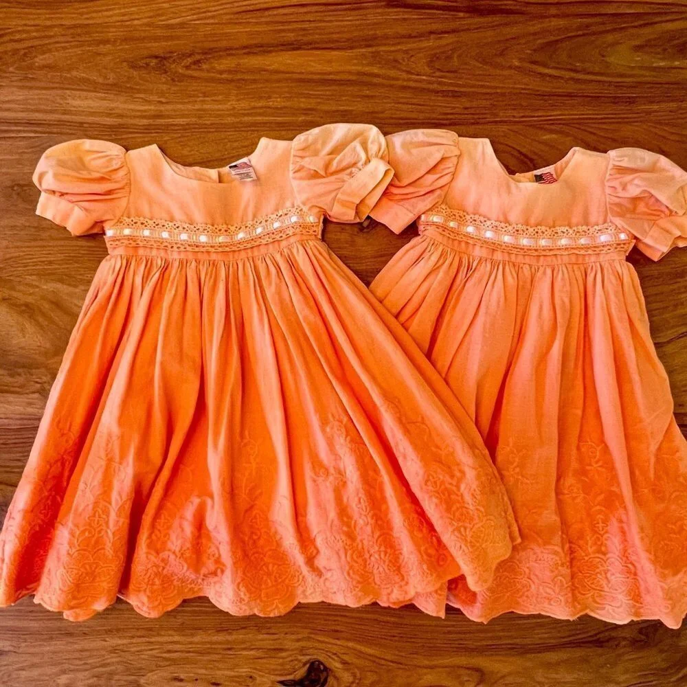 Custom Dyed Orange Ombre Dress Lace & Ribbon Trim With Wide Sash